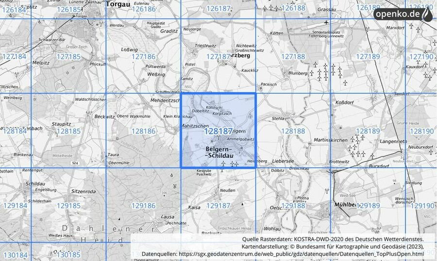 Übersichtskarte des KOSTRA-DWD-2020-Rasterfeldes Nr. 128187