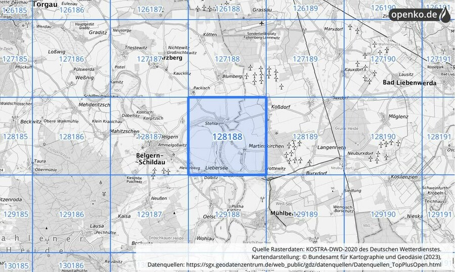 Übersichtskarte des KOSTRA-DWD-2020-Rasterfeldes Nr. 128188