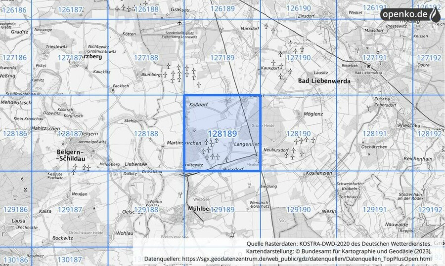 Übersichtskarte des KOSTRA-DWD-2020-Rasterfeldes Nr. 128189