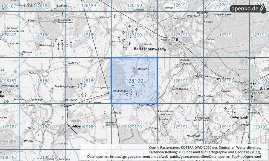 Übersichtskarte des KOSTRA-DWD-2020-Rasterfeldes Nr. 128190