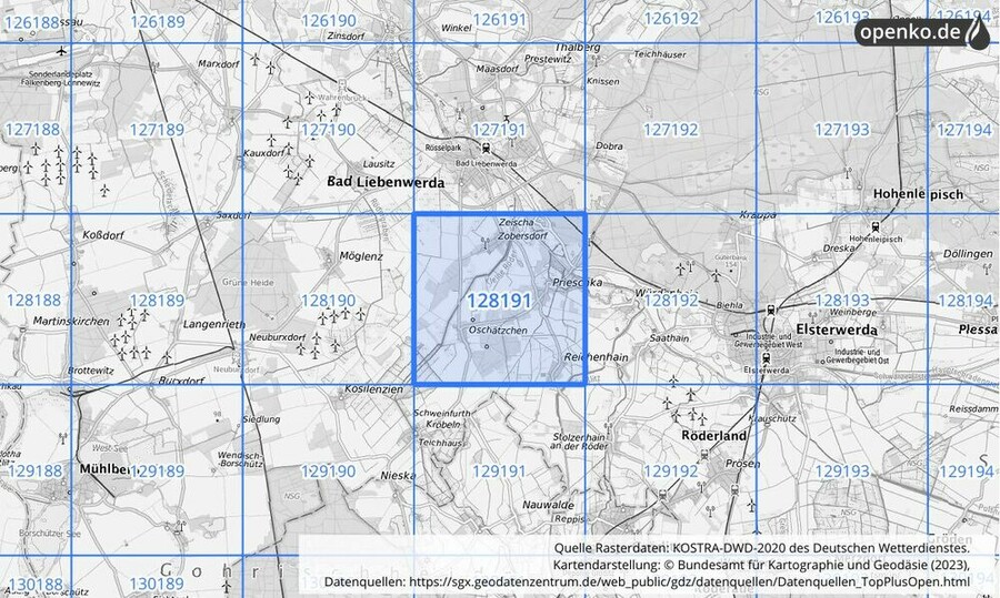 Übersichtskarte des KOSTRA-DWD-2020-Rasterfeldes Nr. 128191