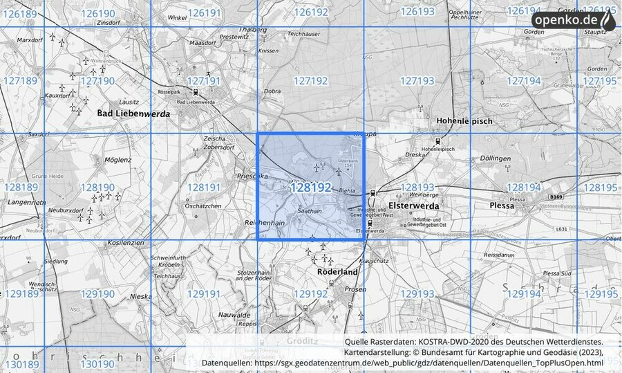 Übersichtskarte des KOSTRA-DWD-2020-Rasterfeldes Nr. 128192