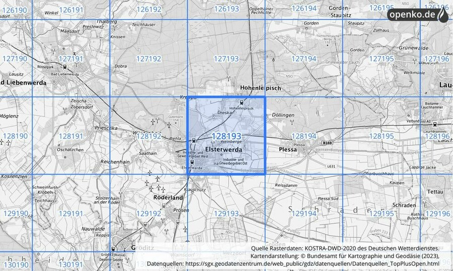 Übersichtskarte des KOSTRA-DWD-2020-Rasterfeldes Nr. 128193