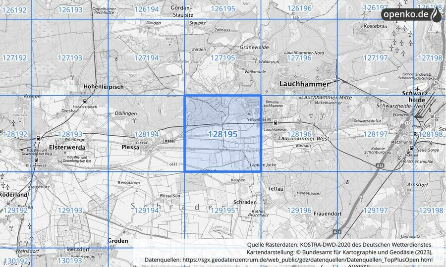 Übersichtskarte des KOSTRA-DWD-2020-Rasterfeldes Nr. 128195