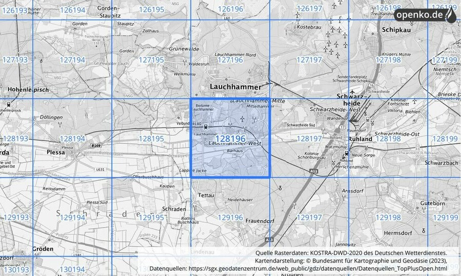 Übersichtskarte des KOSTRA-DWD-2020-Rasterfeldes Nr. 128196