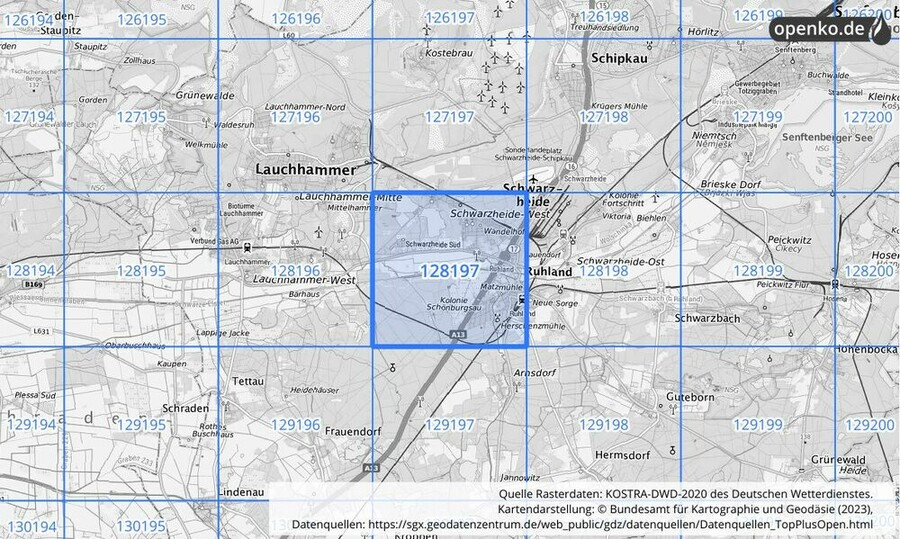 Übersichtskarte des KOSTRA-DWD-2020-Rasterfeldes Nr. 128197