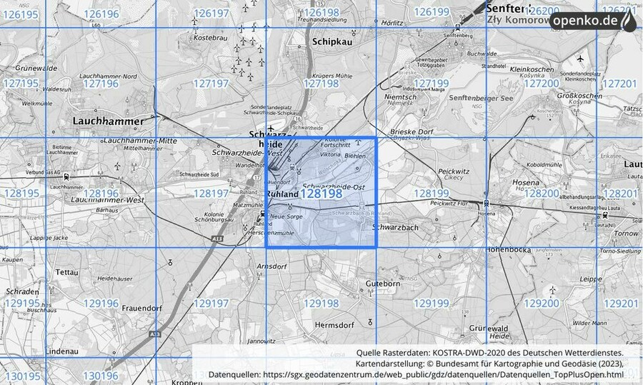 Übersichtskarte des KOSTRA-DWD-2020-Rasterfeldes Nr. 128198