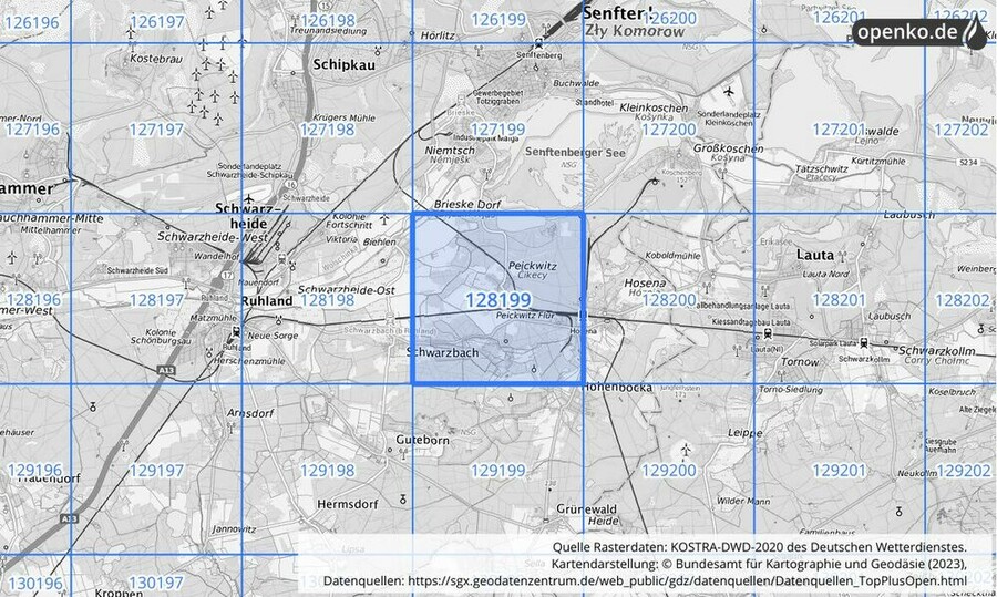 Übersichtskarte des KOSTRA-DWD-2020-Rasterfeldes Nr. 128199