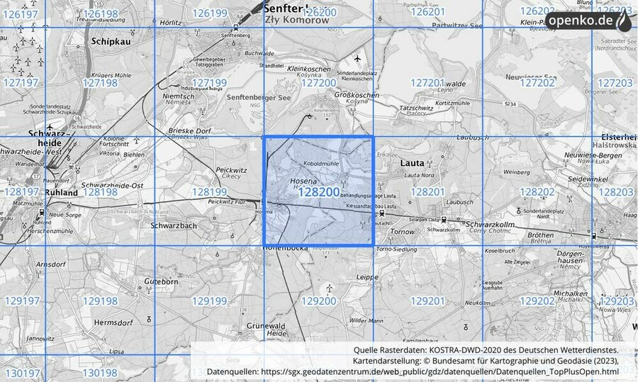 Übersichtskarte des KOSTRA-DWD-2020-Rasterfeldes Nr. 128200