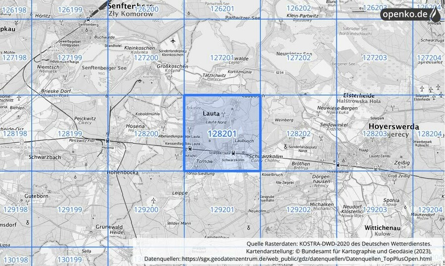 Übersichtskarte des KOSTRA-DWD-2020-Rasterfeldes Nr. 128201