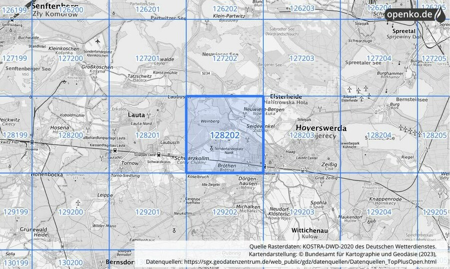 Übersichtskarte des KOSTRA-DWD-2020-Rasterfeldes Nr. 128202