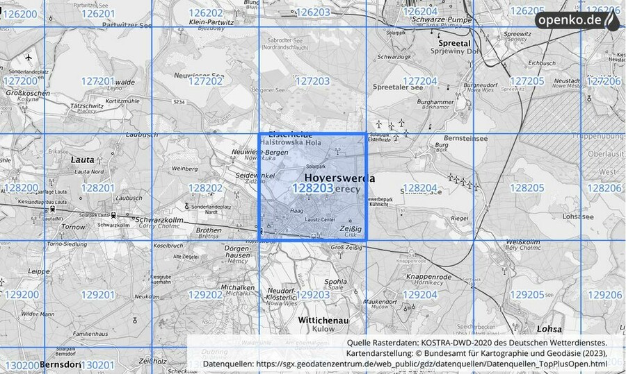 Übersichtskarte des KOSTRA-DWD-2020-Rasterfeldes Nr. 128203