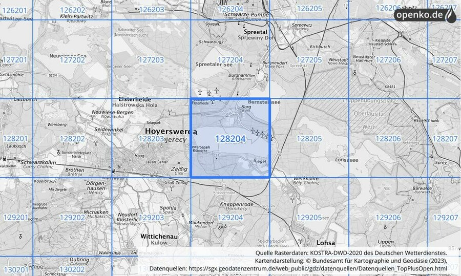 Übersichtskarte des KOSTRA-DWD-2020-Rasterfeldes Nr. 128204