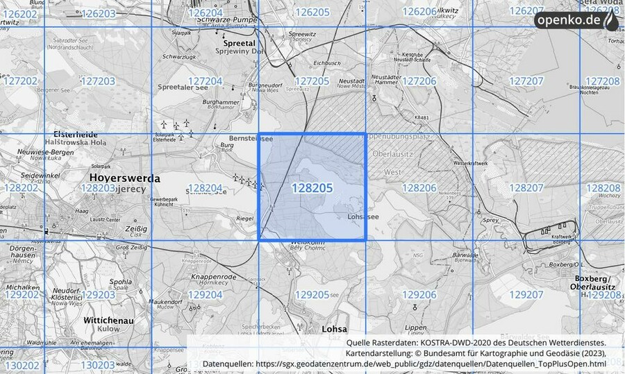 Übersichtskarte des KOSTRA-DWD-2020-Rasterfeldes Nr. 128205