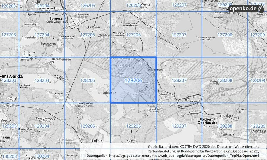 Übersichtskarte des KOSTRA-DWD-2020-Rasterfeldes Nr. 128206