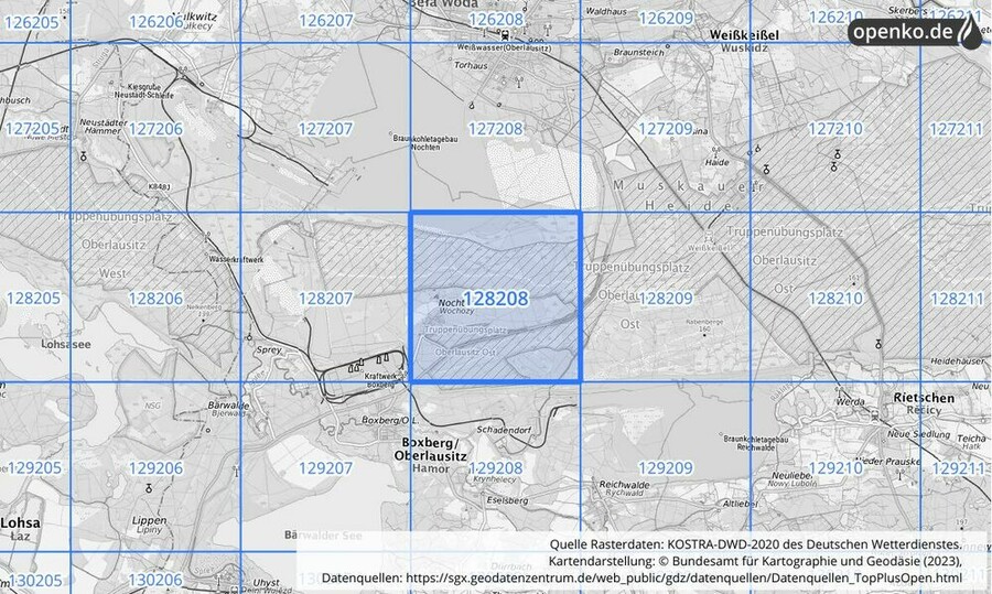 Übersichtskarte des KOSTRA-DWD-2020-Rasterfeldes Nr. 128208