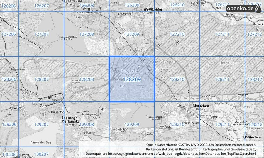 Übersichtskarte des KOSTRA-DWD-2020-Rasterfeldes Nr. 128209