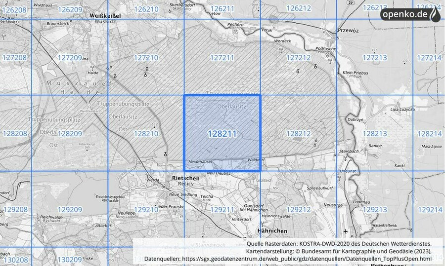 Übersichtskarte des KOSTRA-DWD-2020-Rasterfeldes Nr. 128211