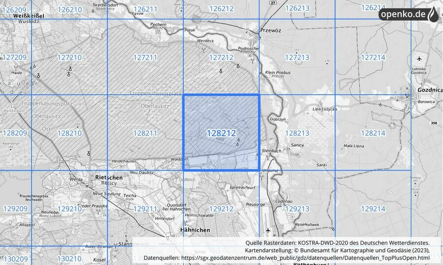 Übersichtskarte des KOSTRA-DWD-2020-Rasterfeldes Nr. 128212