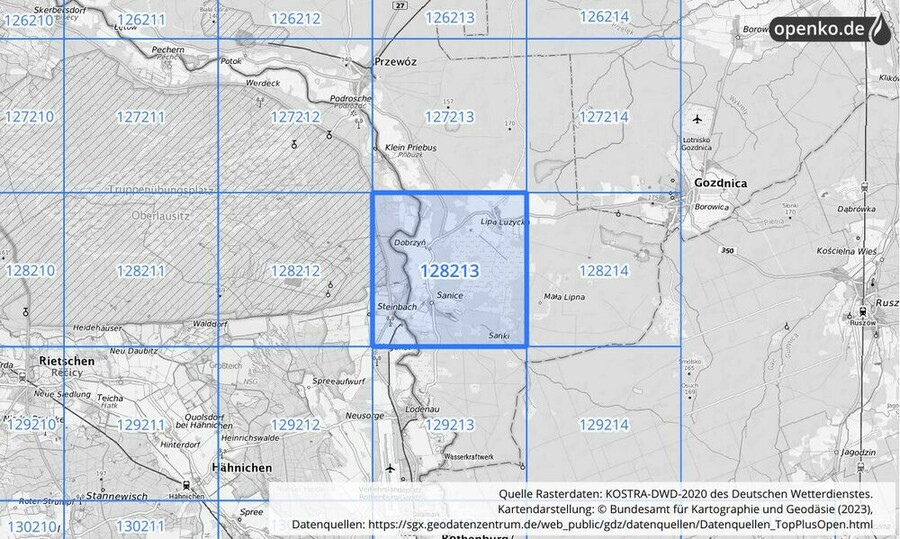 Übersichtskarte des KOSTRA-DWD-2020-Rasterfeldes Nr. 128213