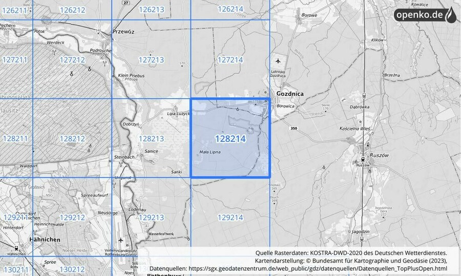 Übersichtskarte des KOSTRA-DWD-2020-Rasterfeldes Nr. 128214