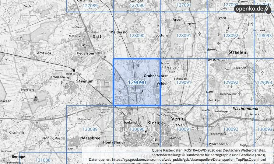 Übersichtskarte des KOSTRA-DWD-2020-Rasterfeldes Nr. 129090