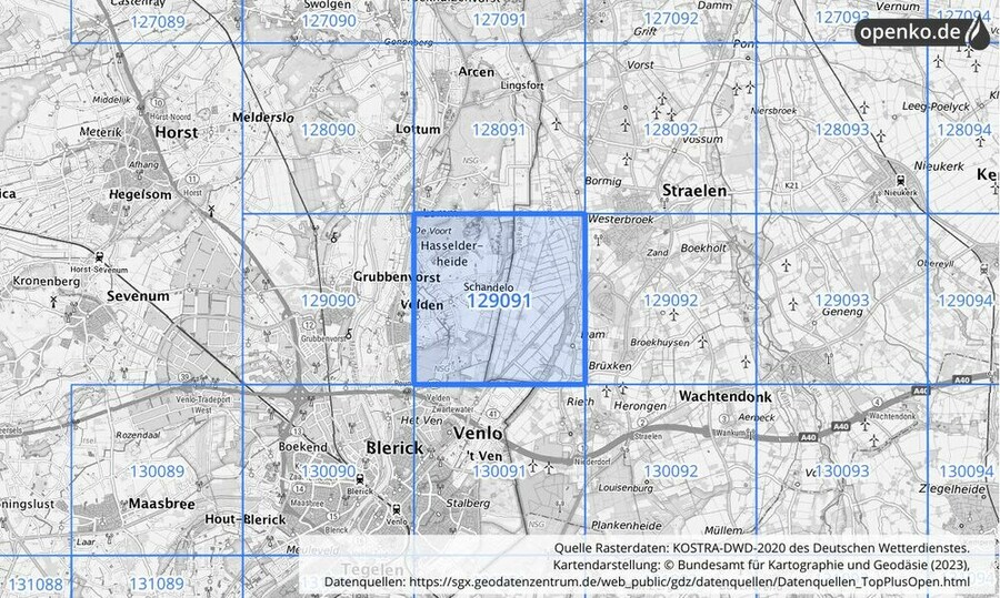 Übersichtskarte des KOSTRA-DWD-2020-Rasterfeldes Nr. 129091