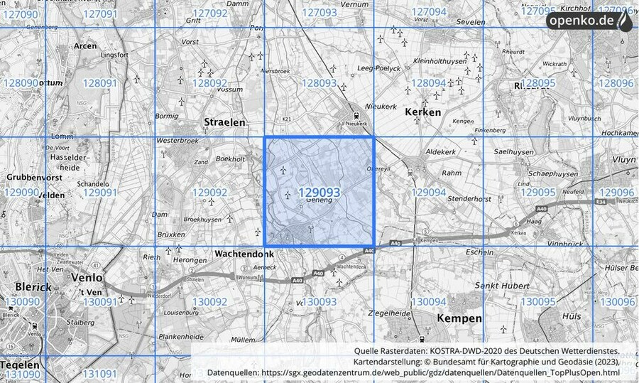 Übersichtskarte des KOSTRA-DWD-2020-Rasterfeldes Nr. 129093