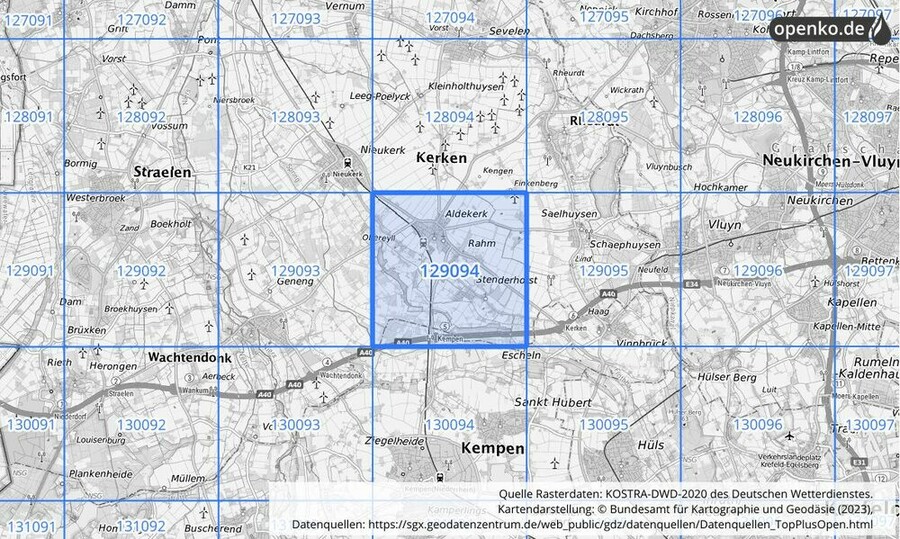 Übersichtskarte des KOSTRA-DWD-2020-Rasterfeldes Nr. 129094