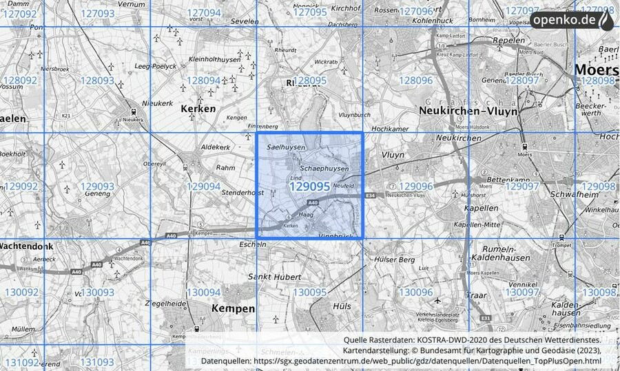 Übersichtskarte des KOSTRA-DWD-2020-Rasterfeldes Nr. 129095