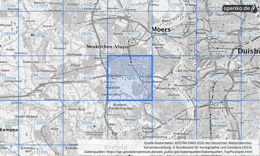 Übersichtskarte des KOSTRA-DWD-2020-Rasterfeldes Nr. 129097