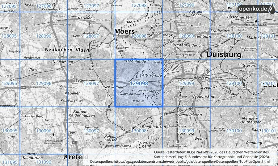 Übersichtskarte des KOSTRA-DWD-2020-Rasterfeldes Nr. 129098