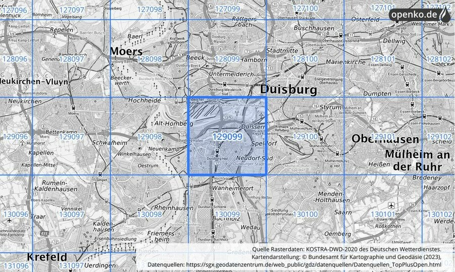 Übersichtskarte des KOSTRA-DWD-2020-Rasterfeldes Nr. 129099