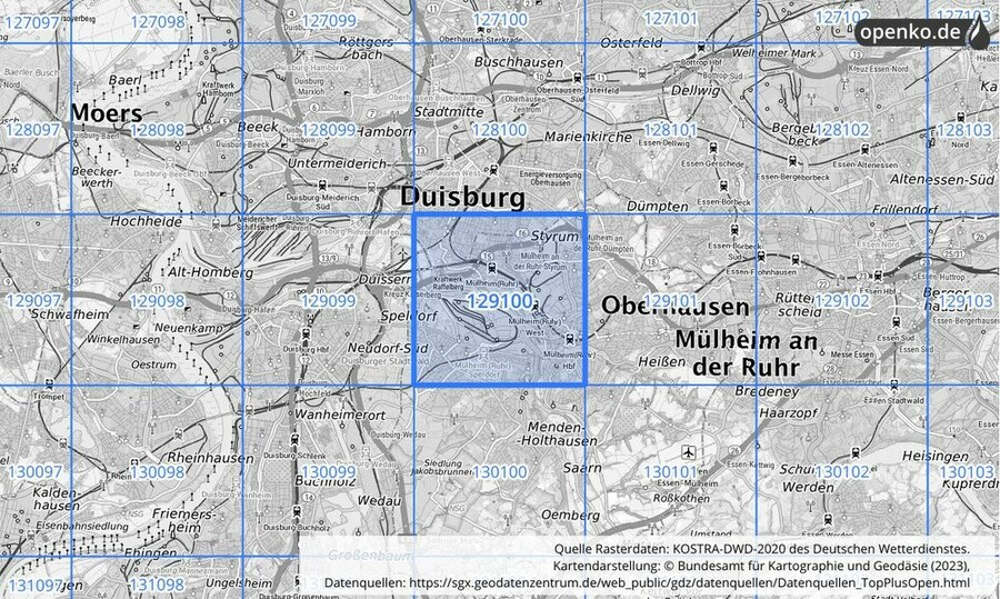 Übersichtskarte des KOSTRA-DWD-2020-Rasterfeldes Nr. 129100