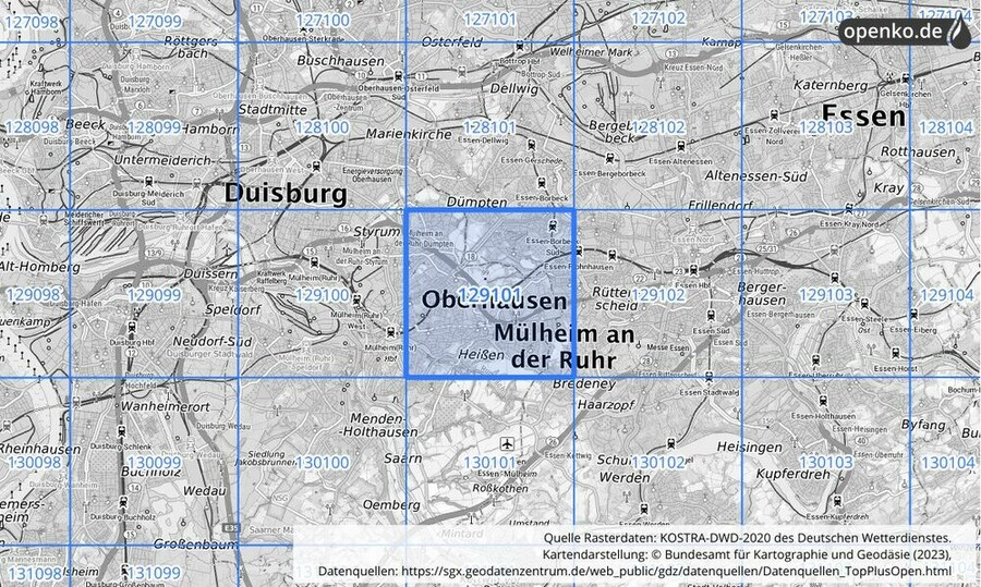 Übersichtskarte des KOSTRA-DWD-2020-Rasterfeldes Nr. 129101