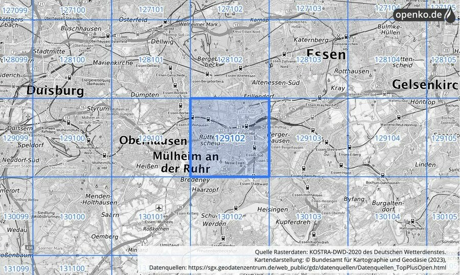 Übersichtskarte des KOSTRA-DWD-2020-Rasterfeldes Nr. 129102