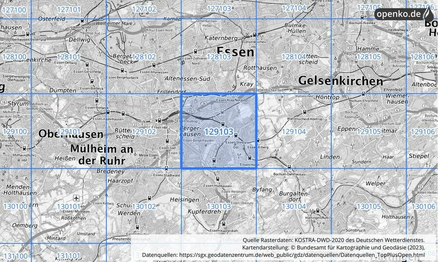 Übersichtskarte des KOSTRA-DWD-2020-Rasterfeldes Nr. 129103