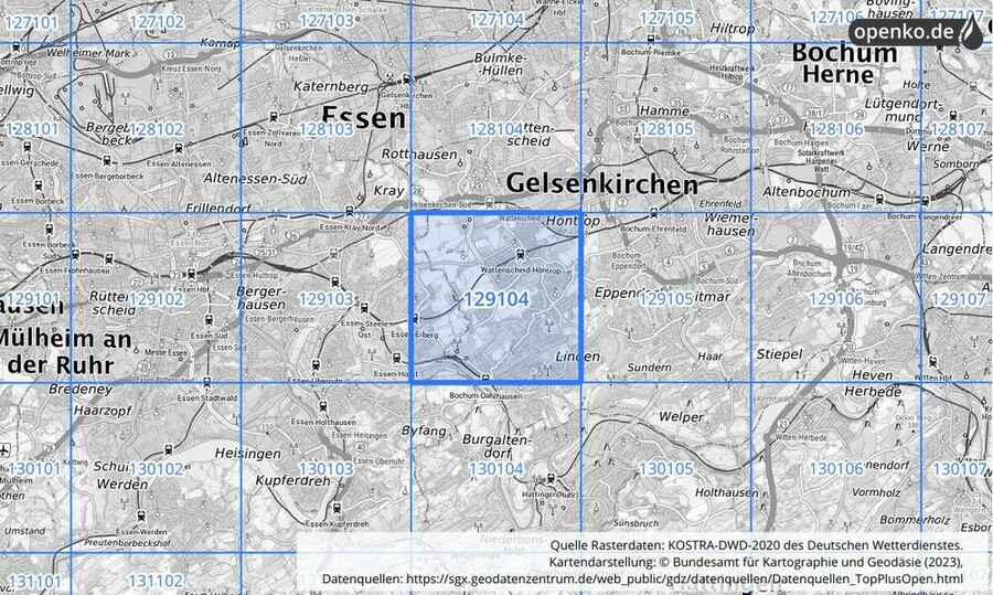 Übersichtskarte des KOSTRA-DWD-2020-Rasterfeldes Nr. 129104