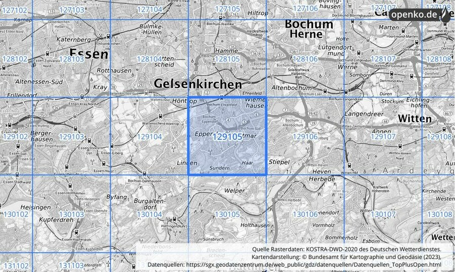 Übersichtskarte des KOSTRA-DWD-2020-Rasterfeldes Nr. 129105