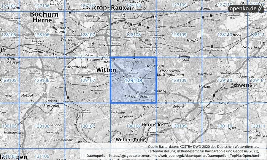 Übersichtskarte des KOSTRA-DWD-2020-Rasterfeldes Nr. 129108