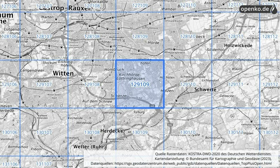 Übersichtskarte des KOSTRA-DWD-2020-Rasterfeldes Nr. 129109