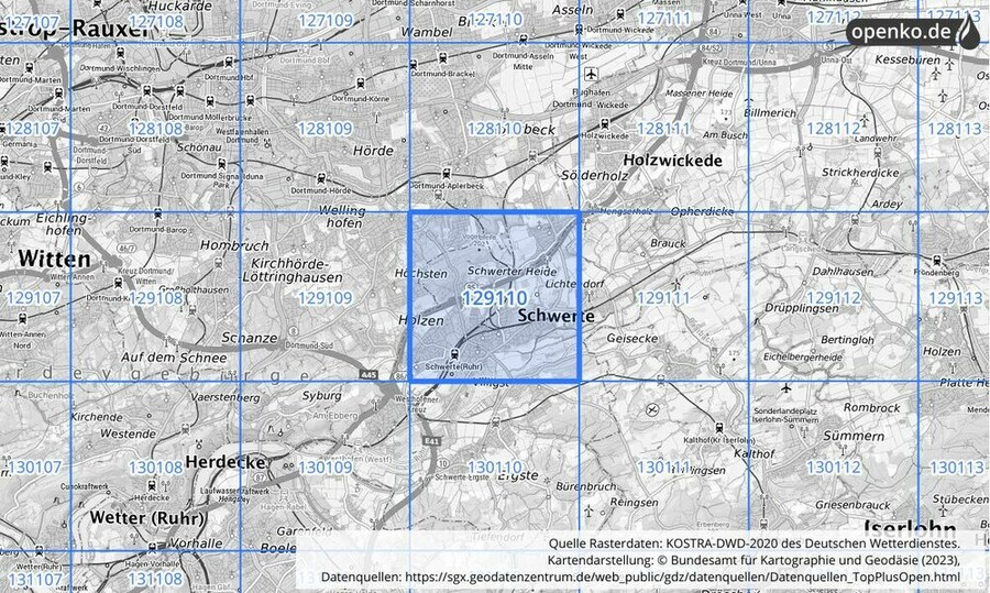 Übersichtskarte des KOSTRA-DWD-2020-Rasterfeldes Nr. 129110