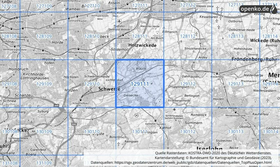 Übersichtskarte des KOSTRA-DWD-2020-Rasterfeldes Nr. 129111