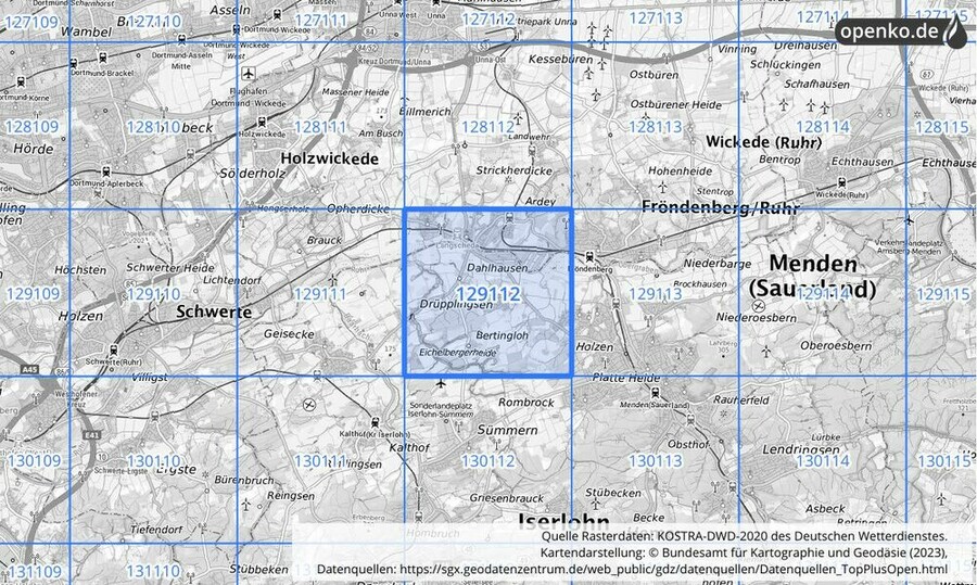 Übersichtskarte des KOSTRA-DWD-2020-Rasterfeldes Nr. 129112