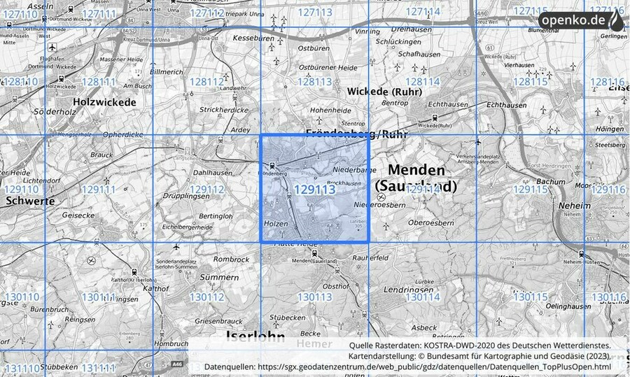 Übersichtskarte des KOSTRA-DWD-2020-Rasterfeldes Nr. 129113