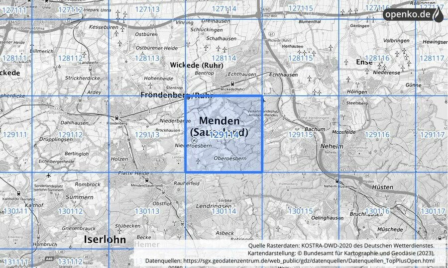 Übersichtskarte des KOSTRA-DWD-2020-Rasterfeldes Nr. 129114