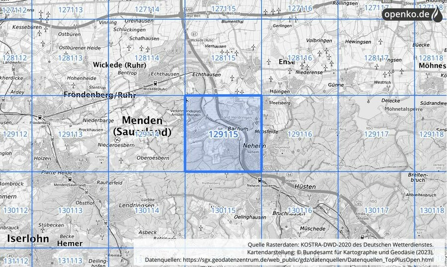 Übersichtskarte des KOSTRA-DWD-2020-Rasterfeldes Nr. 129115