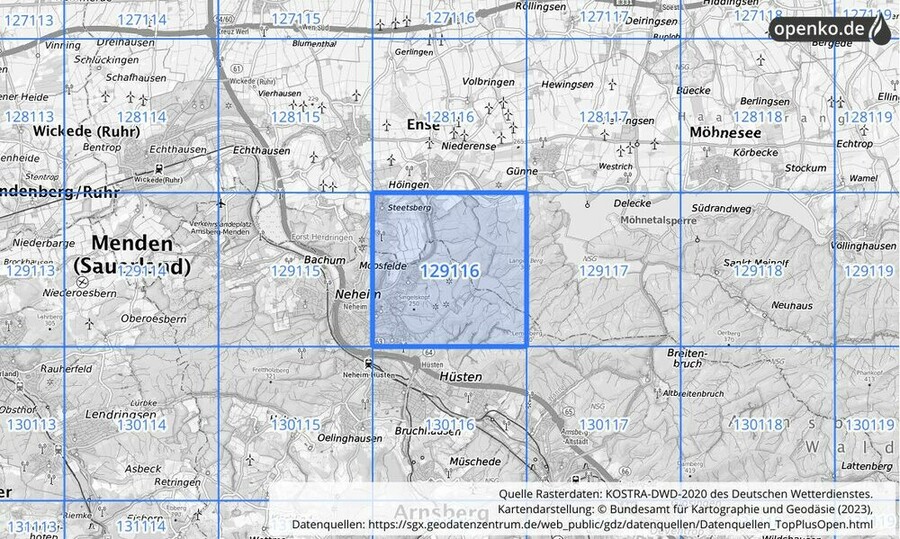 Übersichtskarte des KOSTRA-DWD-2020-Rasterfeldes Nr. 129116