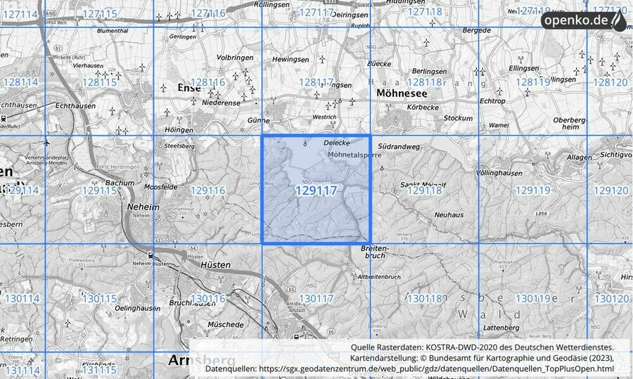 Übersichtskarte des KOSTRA-DWD-2020-Rasterfeldes Nr. 129117