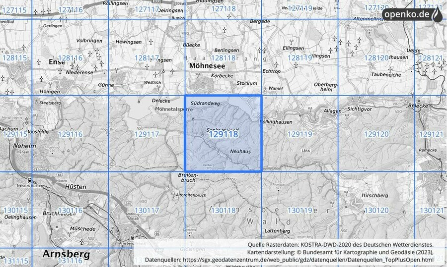 Übersichtskarte des KOSTRA-DWD-2020-Rasterfeldes Nr. 129118